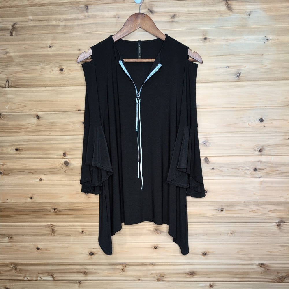 IC by Connie K Black Cold Shoulder Bell Sleeve Zip Tunic Top 1094T Mens Womens